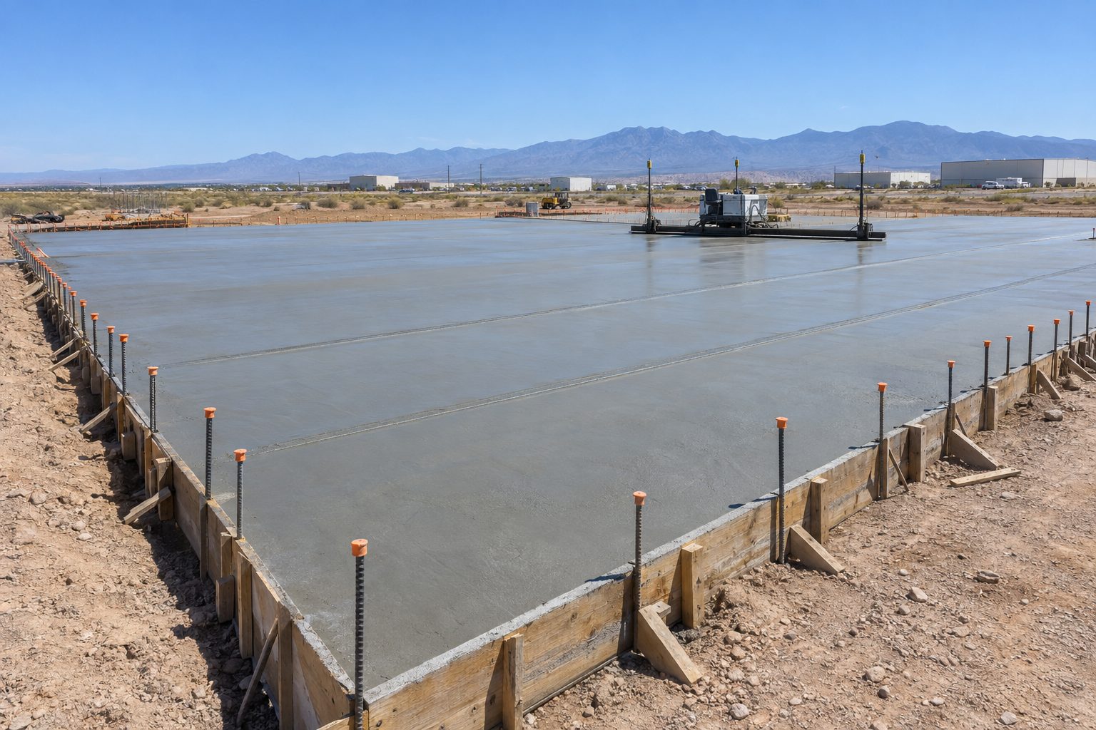Large monolithic commercial foundation slab on a desert lot