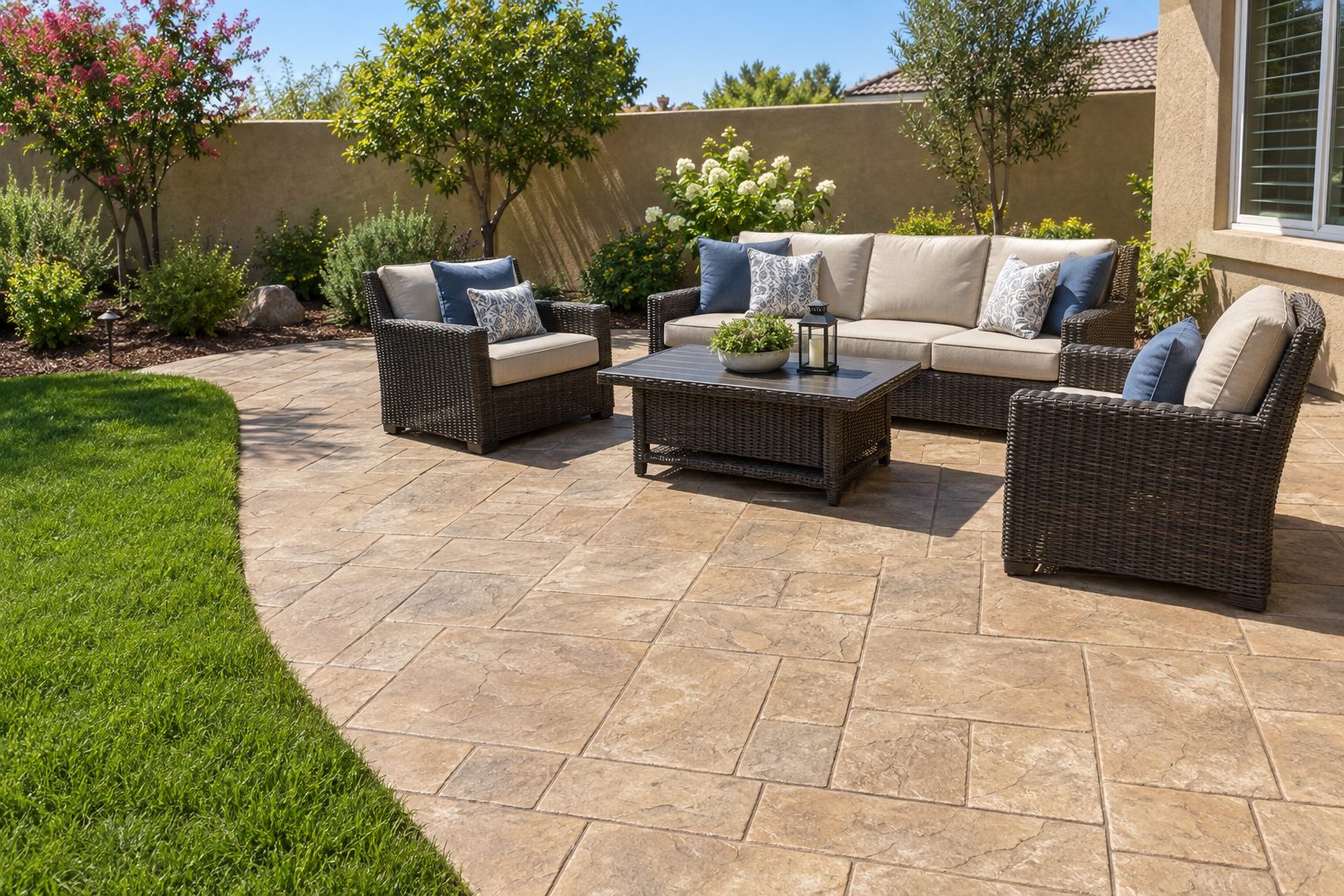 Stamped tile-pattern concrete patio with outdoor furniture