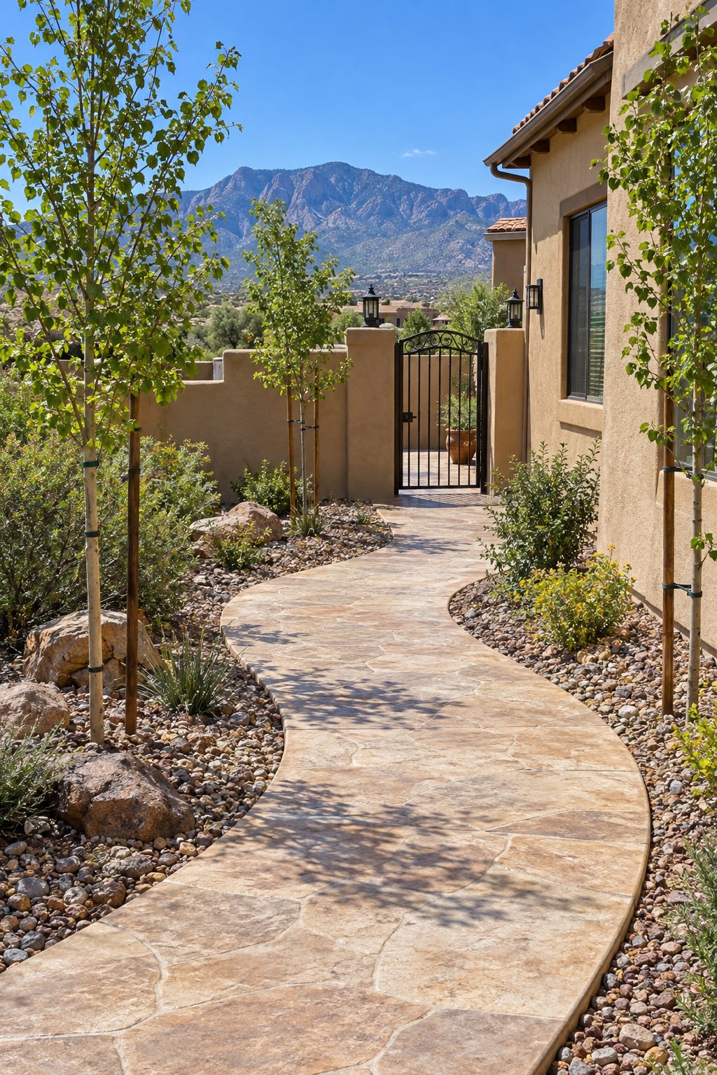 Curved stamped walkway alongside a stucco home