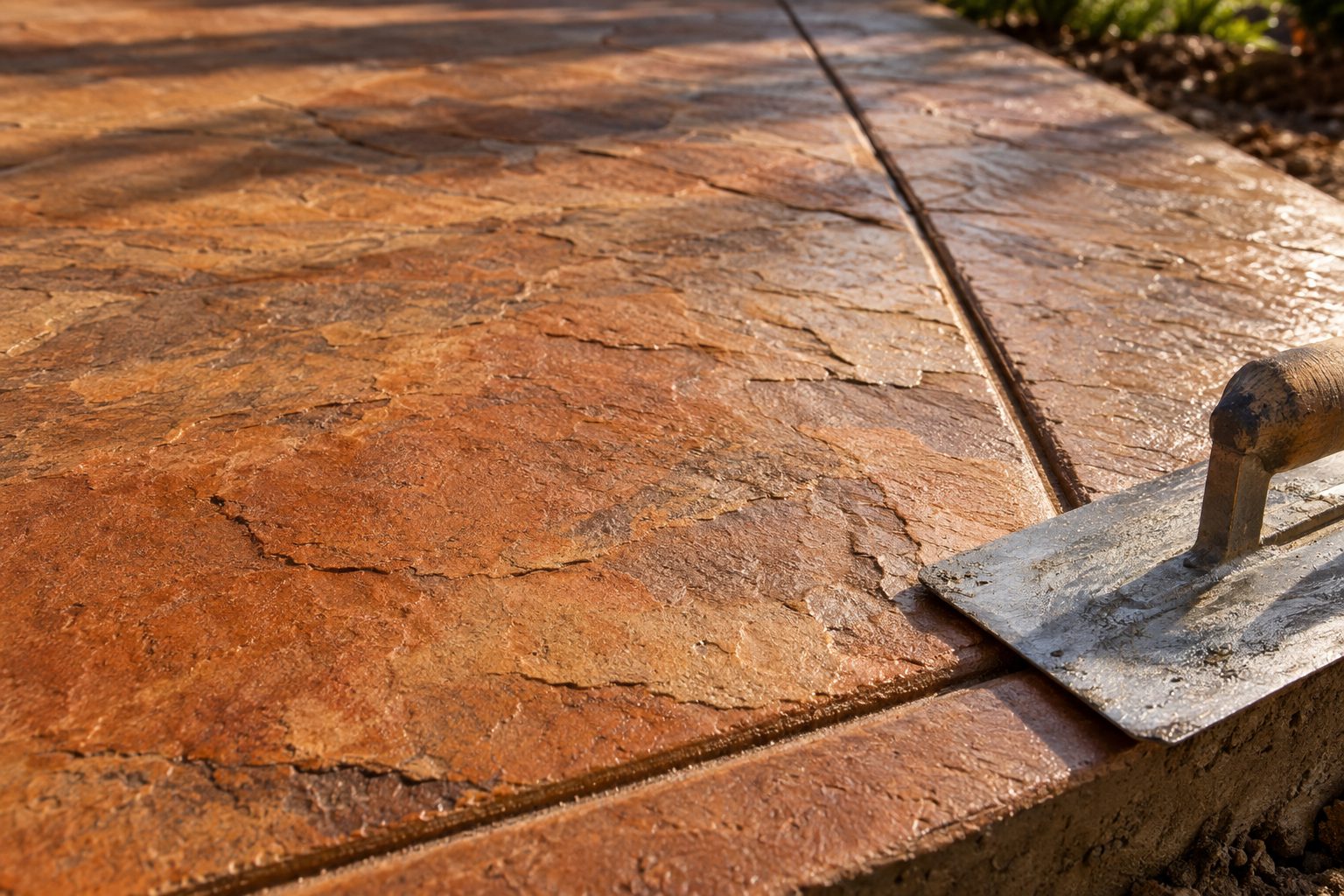 Close-up of stamped and colored concrete finish