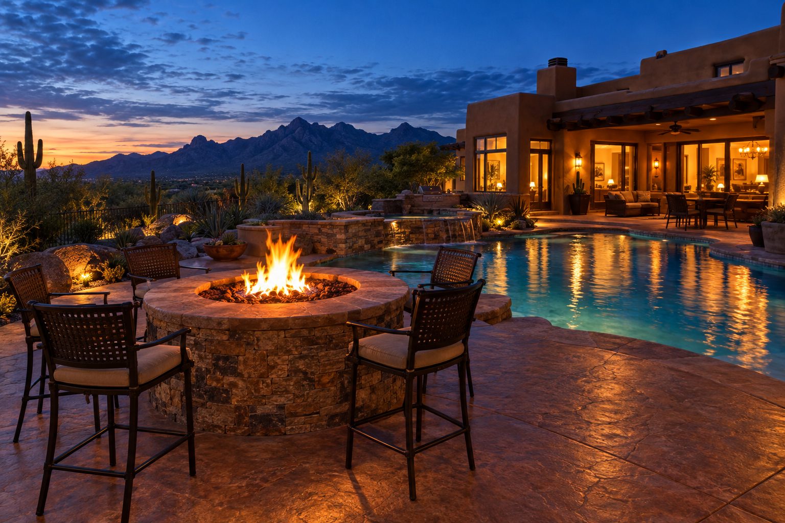Fire pit and pool deck in colored stamped concrete at dusk