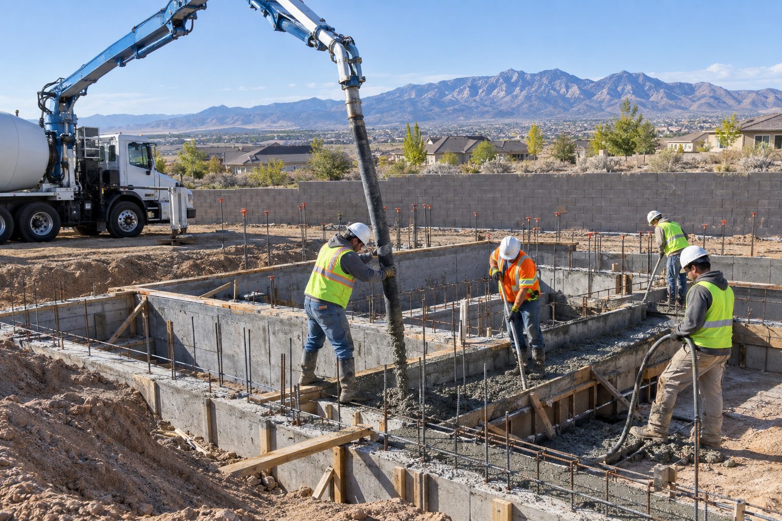 Crew placing concrete into formed stem walls from a pump truck at a Rio Rancho jobsite