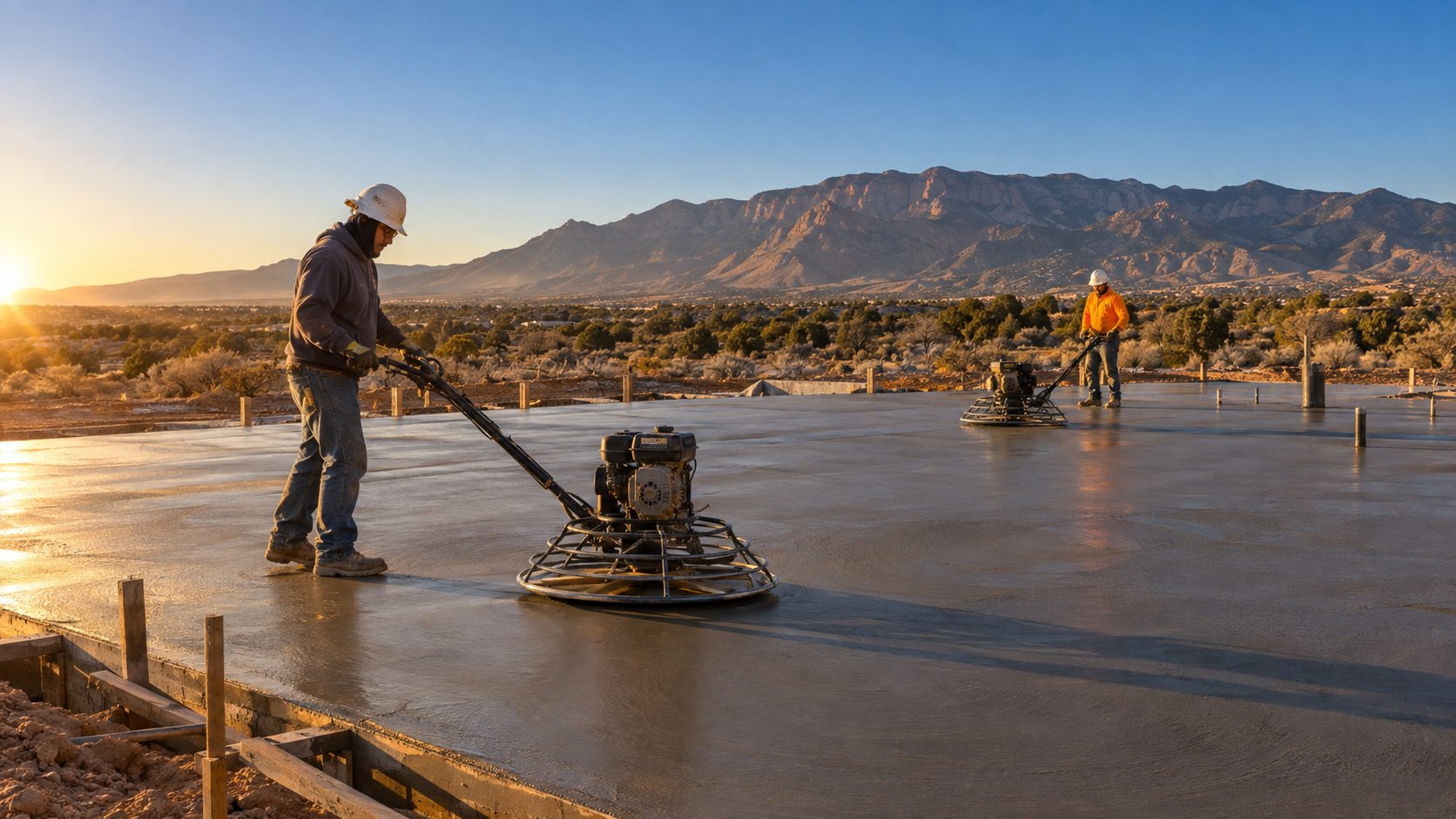 Pyramid Concrete crew power-troweling a fresh slab with the Sandia mountains behind